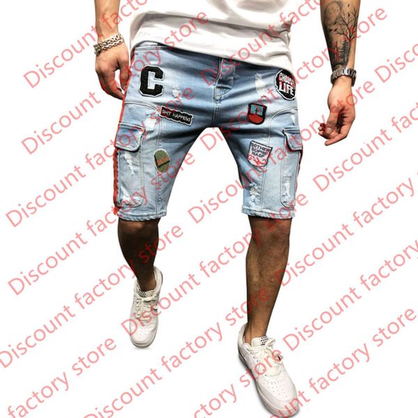 denim jeans men short ripped knee length multi pocket embroidery personality straight street urban wind short pants, Blue
denim jeans men short ripped knee length multi pocket embroidery personality straight street urban wind short pants, Blue