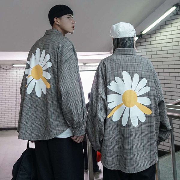 plaid men's long sleeve spring couple daisy korean casual shirt student loose coat, White;black