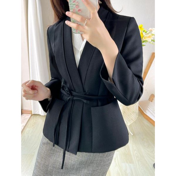 women's suits & blazers lace-up waist suit short female 2021 autumn high-end ol black jacket, White;black 
women's suits & blazers lace-up waist suit short female 2021 autumn high-end ol black jacket, White;black