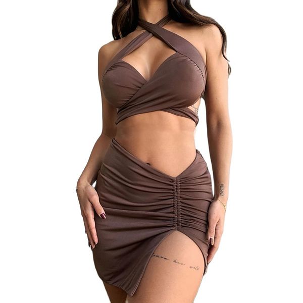 brown bandage v-neck crop and ruched mini skirts two piece sets women backless new style stretchy club outfits, White 
brown bandage v-neck crop and ruched mini skirts two piece sets women backless new style stretchy club outfits, White