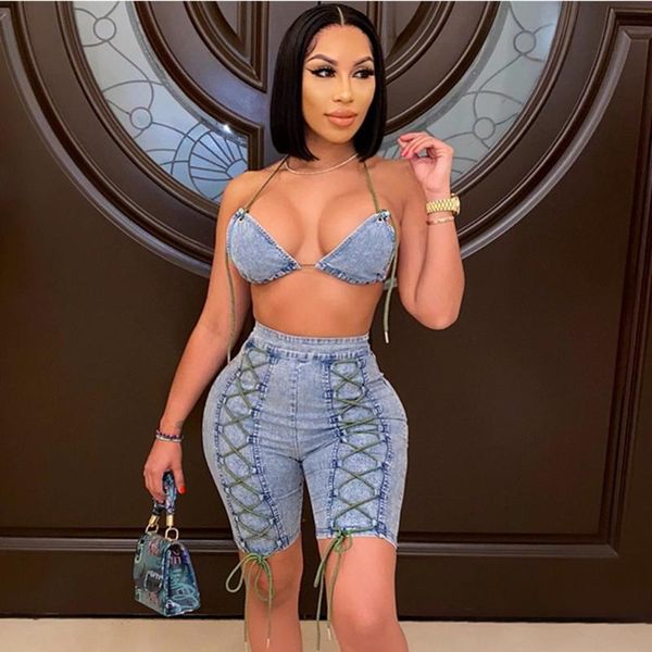 women's tracksuits echoine summer denim matching set lace up halter bra backless crop cross bandage shorts two piece party outfits, Gray
women's tracksuits echoine summer denim matching set lace up halter bra backless crop cross bandage shorts two piece party outfits, Gray