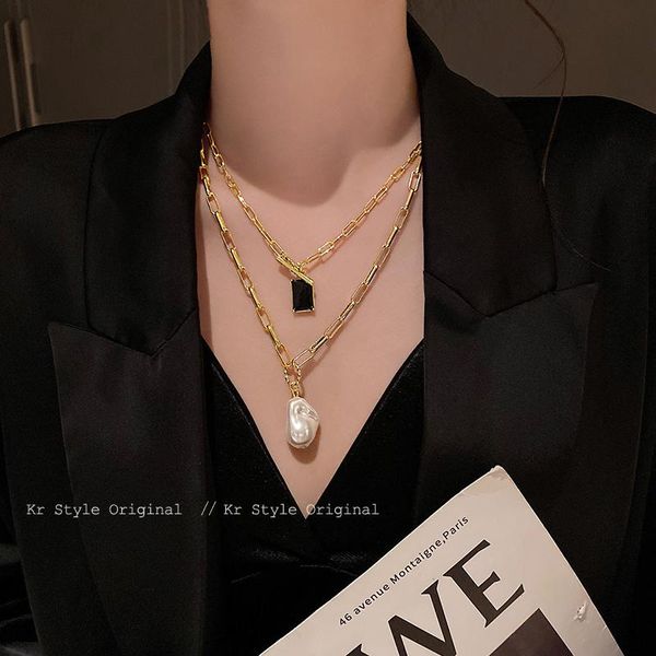 chains double layer metal pearl obsidian pendant necklace female personality clavicle chain temperament, Silver
chains double layer metal pearl obsidian pendant necklace female personality clavicle chain temperament, Silver