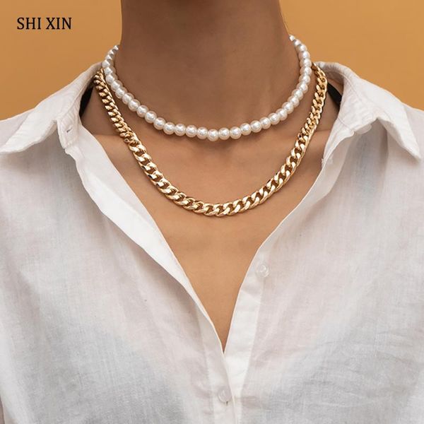 shixin 2 pcs imitation white pearl beads choker necklace for women layered thick link chain necklace on the neck fashion jewelry, Golden;silver
shixin 2 pcs imitation white pearl beads choker necklace for women layered thick link chain necklace on the neck fashion jewelry, Golden;silver