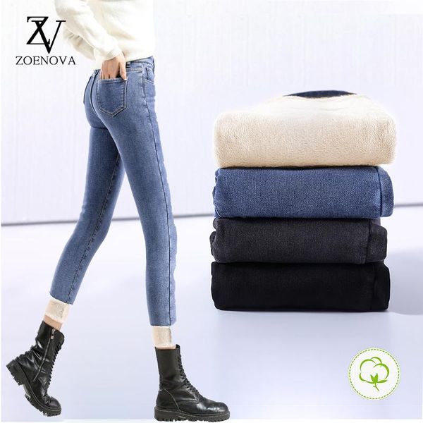 women's jeans zoenove warm pants for women high waist fleece winter solid cotton keep casual fsshion slim stretch demin trousers, Blue