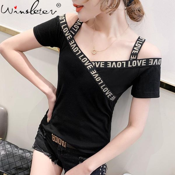 women's t-shirt summer cotton girls chic v-neck off shoulder print letter women short sleeve black slim tees 2021 t13105a, White
women's t-shirt summer cotton girls chic v-neck off shoulder print letter women short sleeve black slim tees 2021 t13105a, White