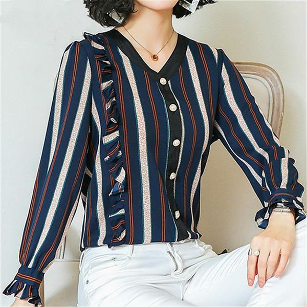 women's blouses & shirts fashion women 2021 plus size chiffon blouse shirt v collar striped office long sleeve, White
