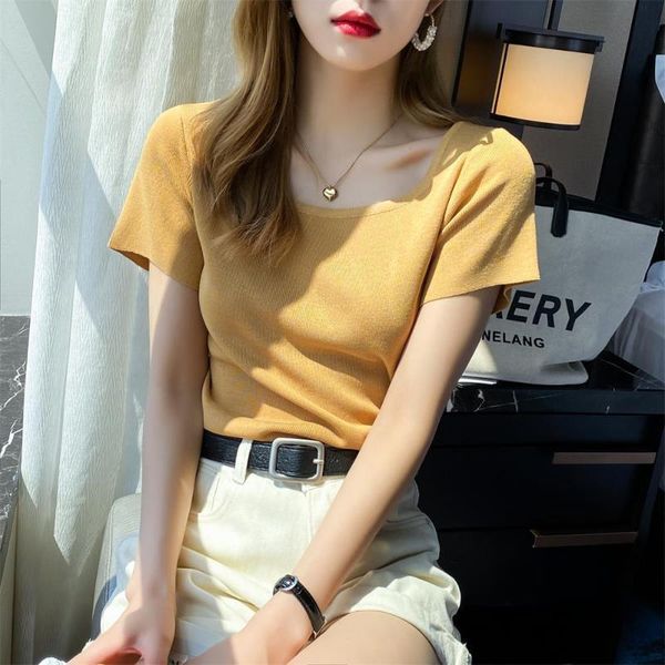 women's t-shirt female 2021 summer square neck knitted pullover tee ice silk short sleeve fashion solid jumper slim t-shirts x125, White
women's t-shirt female 2021 summer square neck knitted pullover tee ice silk short sleeve fashion solid jumper slim t-shirts x125, White