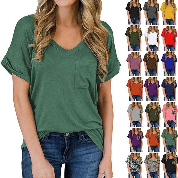 

women's t-shirt 2021 summer v-neck pocket solid color for women short-sleeved loose urban casual with curled edges, White