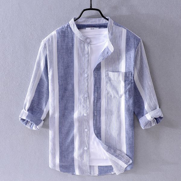 2021 new summer cotton and linen brand striped shirts fashion three-quarter sleeve stand colalr shirt for men camisa jw5c, White;black
2021 new summer cotton and linen brand striped shirts fashion three-quarter sleeve stand colalr shirt for men camisa jw5c, White;black