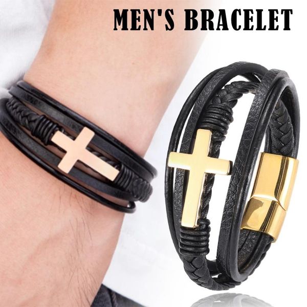 link, chain faith luxury cross design stainless steel bracelet for mens leather h9, Black
link, chain faith luxury cross design stainless steel bracelet for mens leather h9, Black