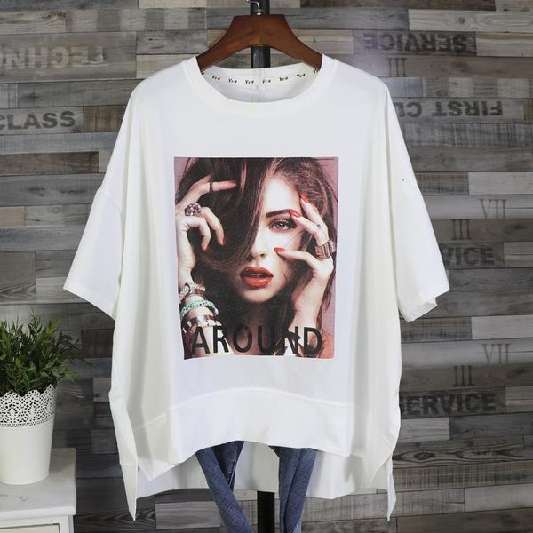 new summer short sleeve large size t shirt female all match medium length cotton tshirt beauty printed side fork, White
new summer short sleeve large size t shirt female all match medium length cotton tshirt beauty printed side fork, White