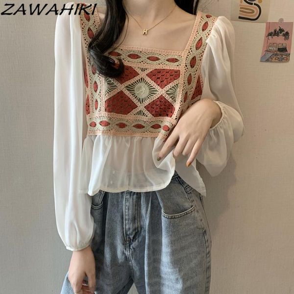 women's blouses & shirts zawahiki blusas de mujer square collar hook flower patchwork long sleeve women elegant casual blouse vintage, White
women's blouses & shirts zawahiki blusas de mujer square collar hook flower patchwork long sleeve women elegant casual blouse vintage, White