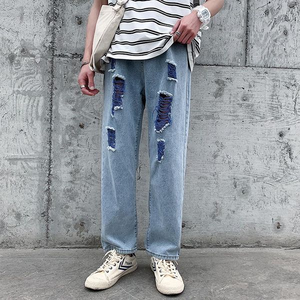 men's jeans ripped fashion brand hip hop red pants street straight loose harajuku style cropped, Blue
men's jeans ripped fashion brand hip hop red pants street straight loose harajuku style cropped, Blue