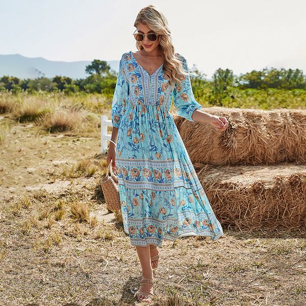 2021 spring new european and american womens clothing v-neck high waist bohemian dress womens mid-length a- line dress fashion csfs, White;black
2021 spring new european and american womens clothing v-neck high waist bohemian dress womens mid-length a- line dress fashion csfs, White;black