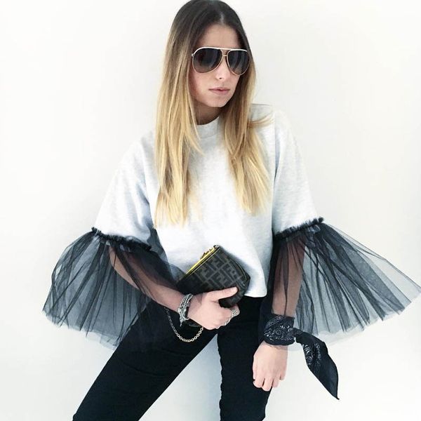 2021 european and american new summer mesh stitching trumpet sleeves gray sweater round collar casual t-shirt, White
2021 european and american new summer mesh stitching trumpet sleeves gray sweater round collar casual t-shirt, White