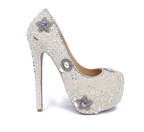 dress shoes pearl crystal bride wedding bridal rhinestone platform 160mm stiletto heel pumps 35-41, Black
