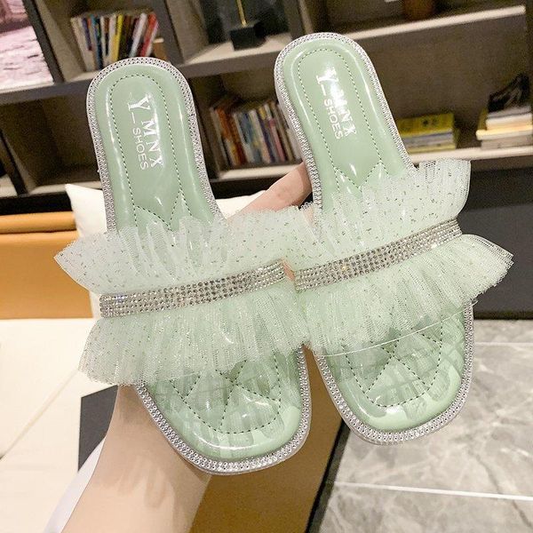 

slippers student summer style fairy flat female outer wear lace rhinestone one-word drag open-toed sandals x767, Black