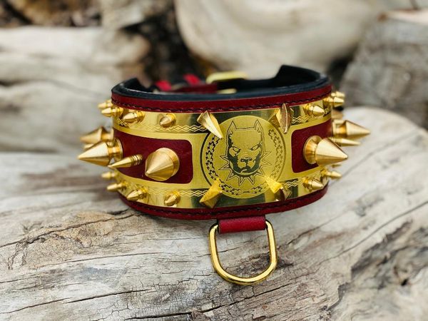 dog collars & leashes red gold luxury leather collar spiked for dogs, copper engareved
dog collars & leashes red gold luxury leather collar spiked for dogs, copper engareved