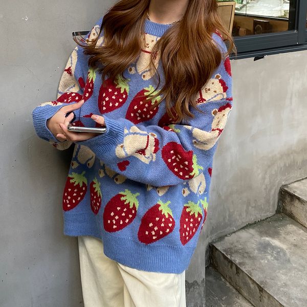 2021 new autumn college style loose cartoon strawberry bear long sleeve casual round neck knitted sweater sweet fashion j9p2, White;black
2021 new autumn college style loose cartoon strawberry bear long sleeve casual round neck knitted sweater sweet fashion j9p2, White;black