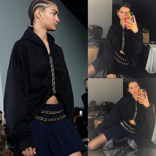 women's hooded long sleeve front metal chain black pleated loose pullover hip hop hooded black
women's hooded long sleeve front metal chain black pleated loose pullover hip hop hooded black