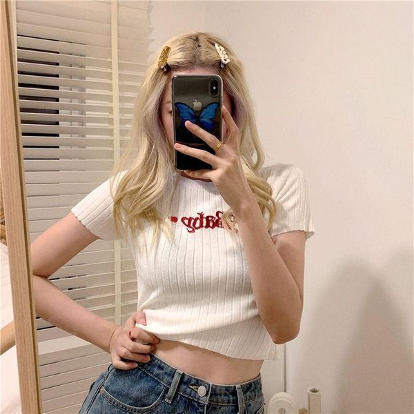 women's t-shirt korea style baby embroidery pink t shirts women harajuku summer stretch knitted short sleeve crop tee femme vintage, White
women's t-shirt korea style baby embroidery pink t shirts women harajuku summer stretch knitted short sleeve crop tee femme vintage, White