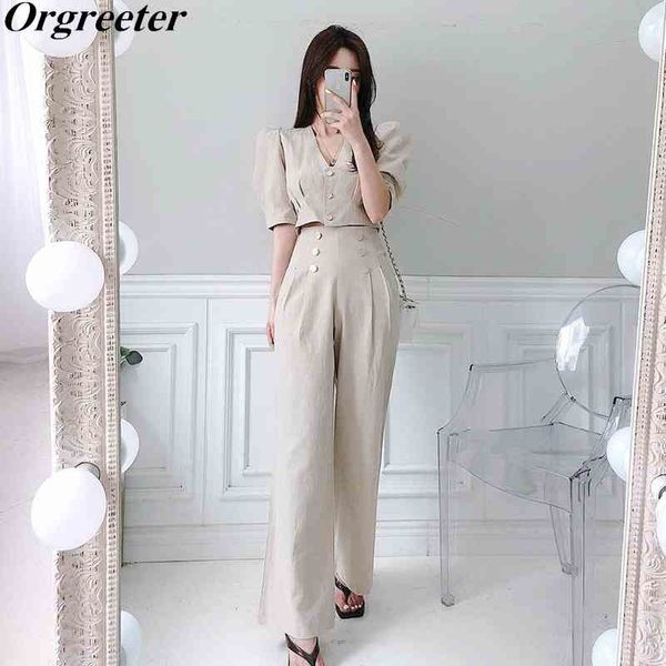 wide leg pants suit women summer elegant puff sleeve cardigan cropped with high waist trousers ol two piece sets 210525, White
wide leg pants suit women summer elegant puff sleeve cardigan cropped with high waist trousers ol two piece sets 210525, White