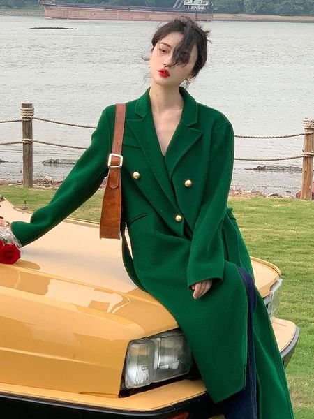 women's wool & blends green vintage double-sided woolen coat fashion notched collar double breasted belt temperament long women overcoa, Black
women's wool & blends green vintage double-sided woolen coat fashion notched collar double breasted belt temperament long women overcoa, Black