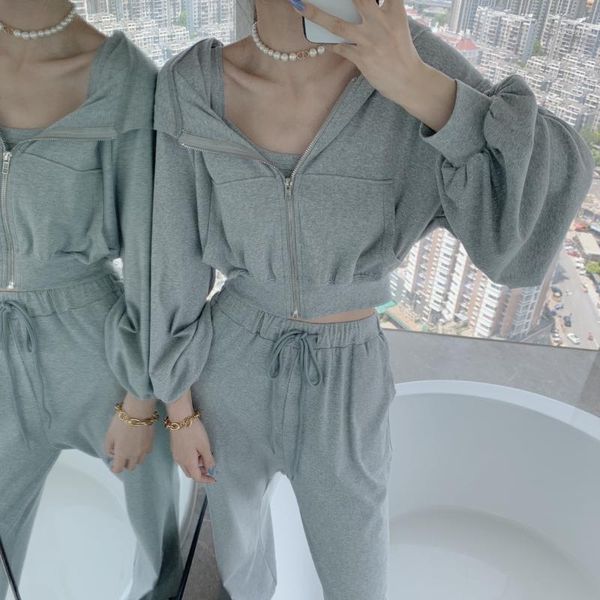 sets thin women's loose cardigan three-piece hoodie casual gray hooded zipper sportswear two piece pants, White
sets thin women's loose cardigan three-piece hoodie casual gray hooded zipper sportswear two piece pants, White