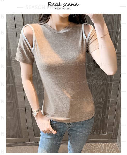 women's tees short-sleeved sweater irregular design off-shoulder slim 007, White
women's tees short-sleeved sweater irregular design off-shoulder slim 007, White
