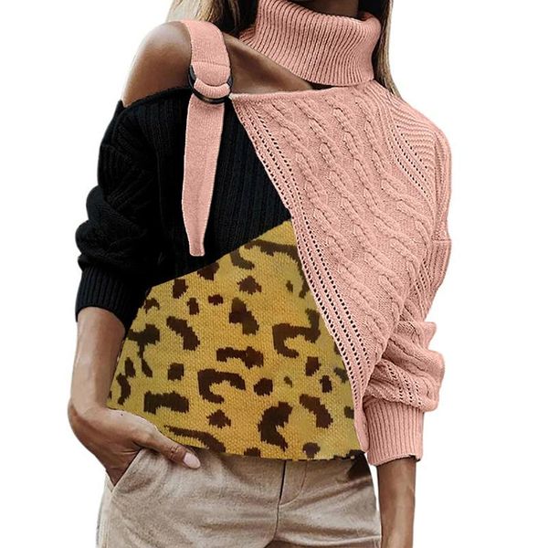 women's sweaters autumn and winter loose leopard print contrast stitching long-sleeved stand collar one side strapless knit sweater top, White;black
women's sweaters autumn and winter loose leopard print contrast stitching long-sleeved stand collar one side strapless knit sweater top, White;black