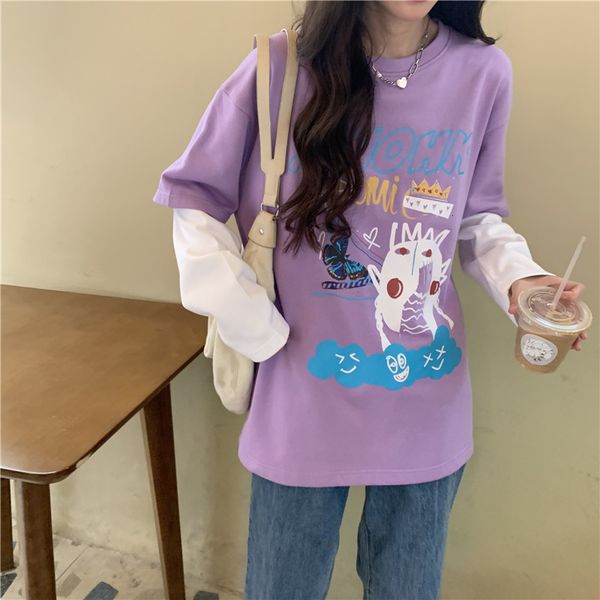 2021 fake two sweatshirts women tide drop shoulders long-sleeved cartoon printed new splicing loose yl29, Black
2021 fake two sweatshirts women tide drop shoulders long-sleeved cartoon printed new splicing loose yl29, Black