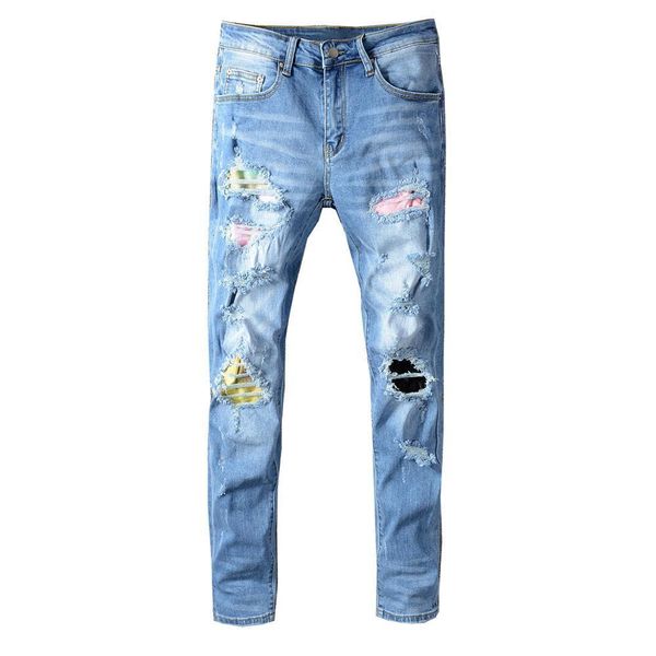 new men's male trousers street fashion autumn light blue knife cut hole patch jeans slim pants bto7
new men's male trousers street fashion autumn light blue knife cut hole patch jeans slim pants bto7