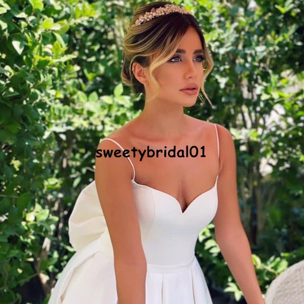2021 a line satin simple bride gowns custom spagetti straps wedding dress with bowt sleeveless bridal gowns, White
2021 a line satin simple bride gowns custom spagetti straps wedding dress with bowt sleeveless bridal gowns, White