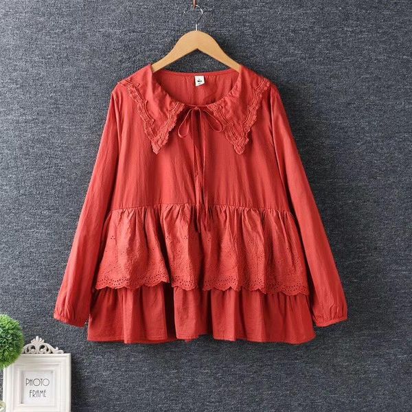 20 early autumn new long-sleeved cotton blouse stitching lace older lace blouse female 9121, White
20 early autumn new long-sleeved cotton blouse stitching lace older lace blouse female 9121, White