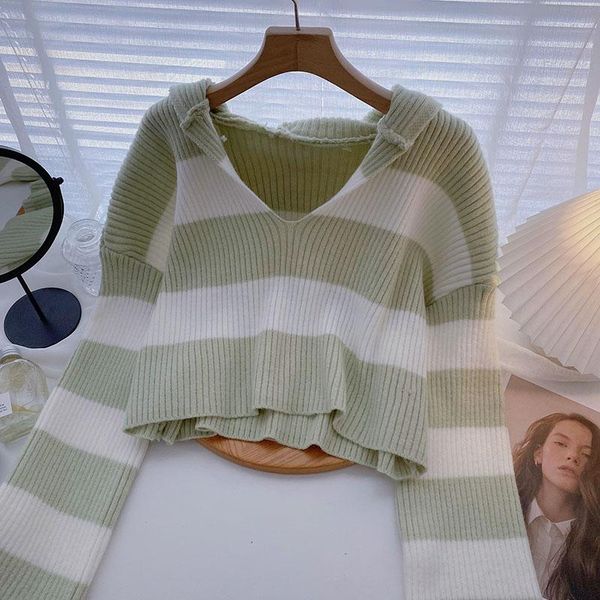 women's sweaters vintage knitted woman long sleeve colorblock stripes causal pullover women crop hooded female ins sweater, White;black
women's sweaters vintage knitted woman long sleeve colorblock stripes causal pullover women crop hooded female ins sweater, White;black