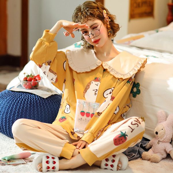 2021 new korean style set of pajama fall plus size female sleepwear sweet turn collar unique breasted tender home 4itc, White
2021 new korean style set of pajama fall plus size female sleepwear sweet turn collar unique breasted tender home 4itc, White