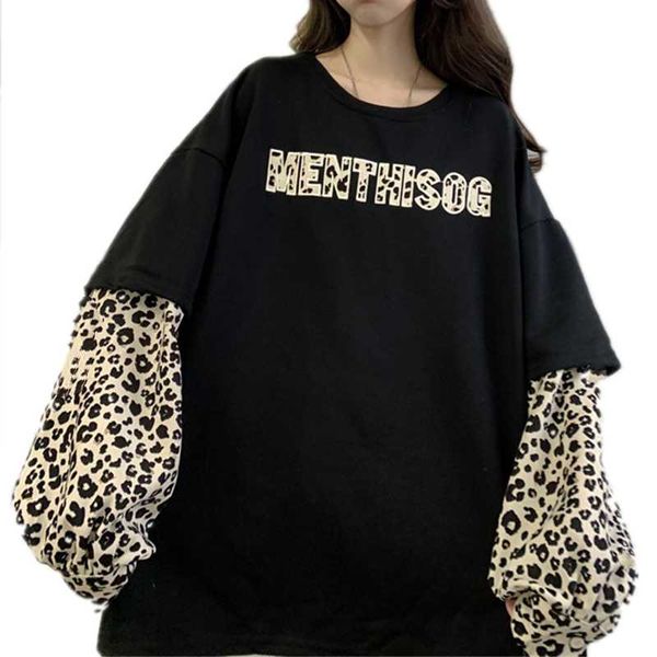 women's t-shirt spring korean harajuku patchwork t shirts fake two pieces leopard puff long sleeve casual o-neck women oversized tee, White
women's t-shirt spring korean harajuku patchwork t shirts fake two pieces leopard puff long sleeve casual o-neck women oversized tee, White