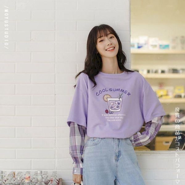 women's t-shirt t-shirts female oversized fake 2 piece purple patchwork shirt long sleeves spring autumn korean fashion loose casual wo, White
women's t-shirt t-shirts female oversized fake 2 piece purple patchwork shirt long sleeves spring autumn korean fashion loose casual wo, White