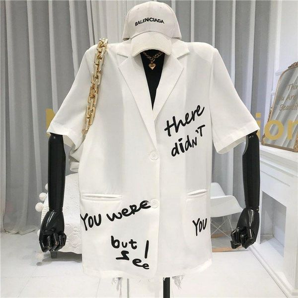 women's suits & blazers graffiti letters print short sleeve blazer coat for women 2021 summer high street oversized jacket office lady, White;black