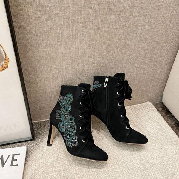 boots bling embroider booties heels flock pointed toe thin high heel lace up zapatos de mujer designer women shoes, Black
boots bling embroider booties heels flock pointed toe thin high heel lace up zapatos de mujer designer women shoes, Black