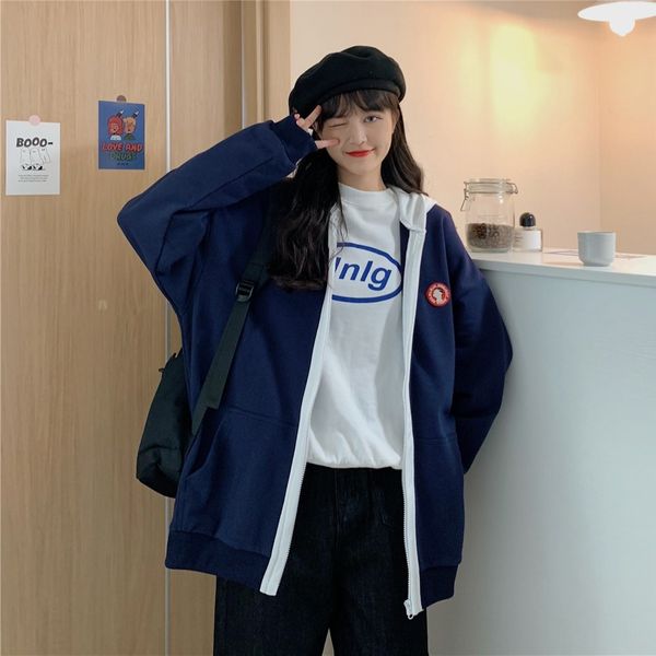 cardigan hooded sweater women's autumn and winter 2021 korean loose student coat fashion, Blue;black
cardigan hooded sweater women's autumn and winter 2021 korean loose student coat fashion, Blue;black