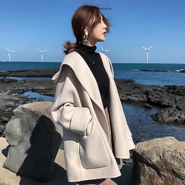 women's wool & blends autumn winter solid hooded coat vintage pocket overcoat 2021 open stitch fashion female casual chic long sleeve, Black
women's wool & blends autumn winter solid hooded coat vintage pocket overcoat 2021 open stitch fashion female casual chic long sleeve, Black