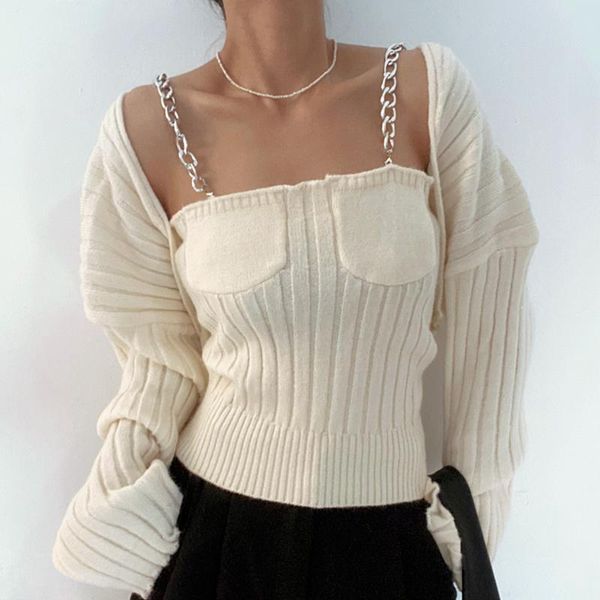 women's knits & tees south korean chic and elegant design metal chain sling small vest + pit shawls twinset sweater, White
women's knits & tees south korean chic and elegant design metal chain sling small vest + pit shawls twinset sweater, White