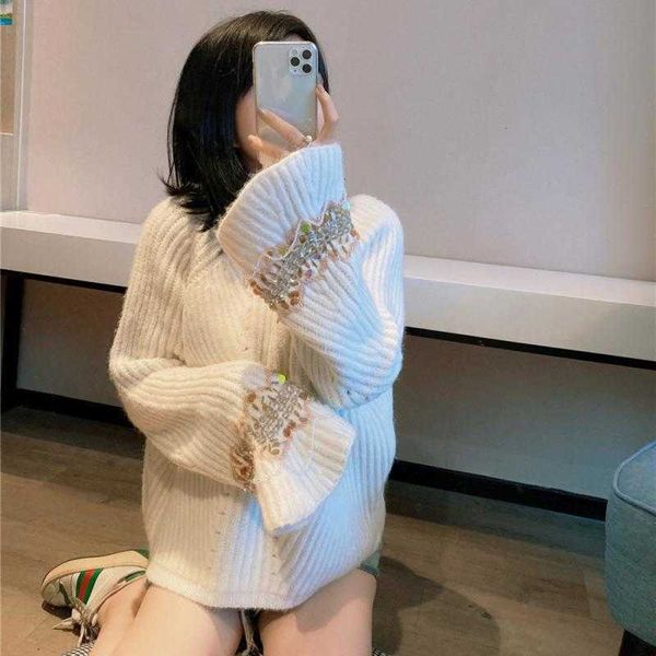 women's sweaters runway winter trumpet sleeve knit white sweater women beaded korean loose long-sleeved o-neck pullover oversize jumper, White;black
women's sweaters runway winter trumpet sleeve knit white sweater women beaded korean loose long-sleeved o-neck pullover oversize jumper, White;black