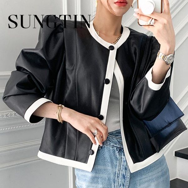 women's leather & faux sungtin color block pu jacket women classic moto biker spring korean lady basic coat elegant streetwear 2021, Black
women's leather & faux sungtin color block pu jacket women classic moto biker spring korean lady basic coat elegant streetwear 2021, Black
