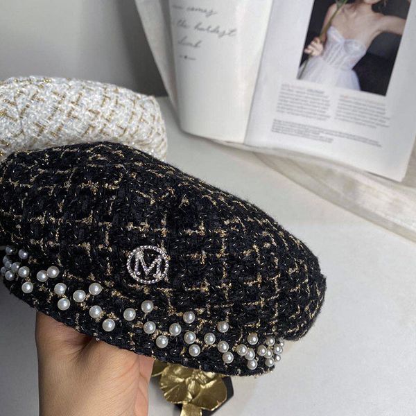 202008-chui gold line plaid m letter pearl lady beret hat women leisure painter hat, Silver
202008-chui gold line plaid m letter pearl lady beret hat women leisure painter hat, Silver