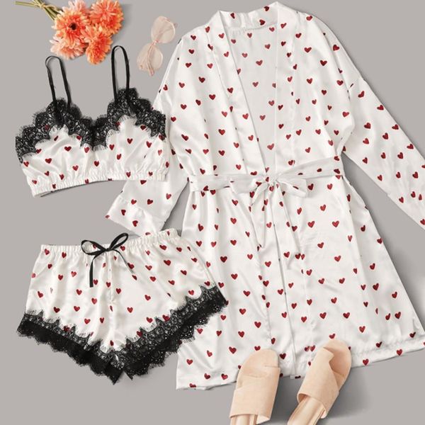 3pc lingerie women robe sets cute heart print satin belted robe camisole shorts pajamas 2020, Black;red
3pc lingerie women robe sets cute heart print satin belted robe camisole shorts pajamas 2020, Black;red