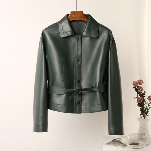 women's leather & faux four-color autumn casual loose lace-up waist short coat real soft jacket for women, Black
women's leather & faux four-color autumn casual loose lace-up waist short coat real soft jacket for women, Black