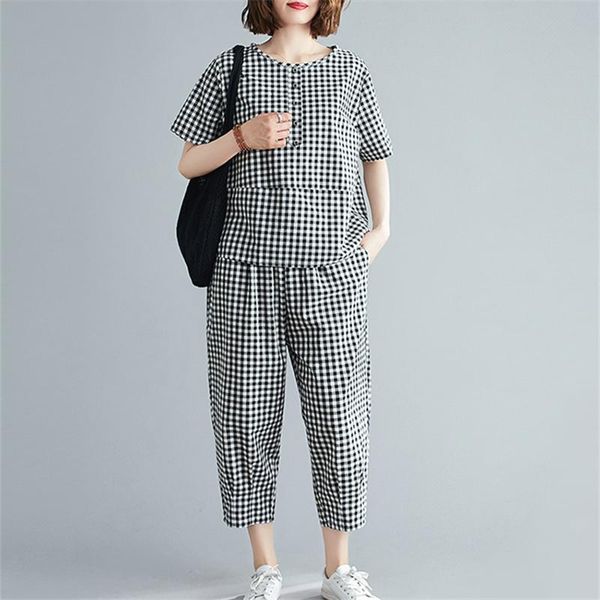 plus size cotton and linen suit female 2021 summer fashion new loose plaid + nine points harem pants casual two-piece tide, Gray
plus size cotton and linen suit female 2021 summer fashion new loose plaid + nine points harem pants casual two-piece tide, Gray