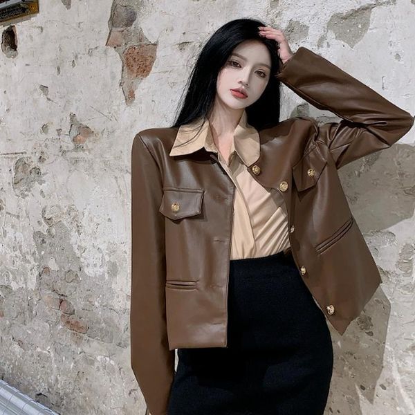 women's jackets fashion vintage leather coat women autumn 2021 loose all-match single breasted elegant office ladies outwear, Black;brown
women's jackets fashion vintage leather coat women autumn 2021 loose all-match single breasted elegant office ladies outwear, Black;brown